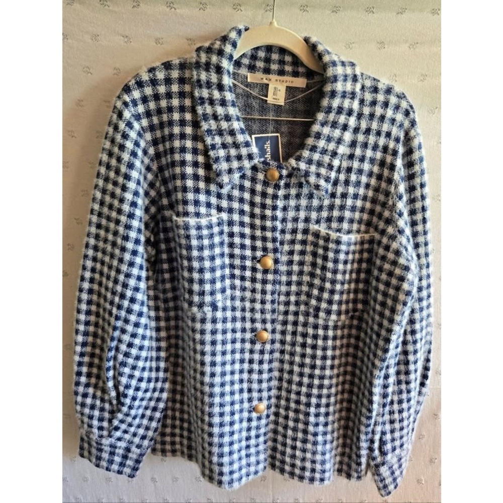 NWT Max Studio Navy Blue & White Plaid Check Button-Up Jacket Size L